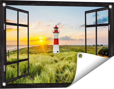 Gards Tuinposter Doorkijk Vuurtoren met Zonsopgang op een Eiland - 60x40 cm - Tuindoek - Tuindecoratie - Wanddecoratie buiten - Tuinschilderij
