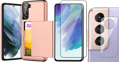 Hoesje met Pasjeshouder geschikt voor Samsung Galaxy S21 FE - Screenprotector FullGuard & Camera Lens Screen Protector - Back Cover SlideCase Roségoud
