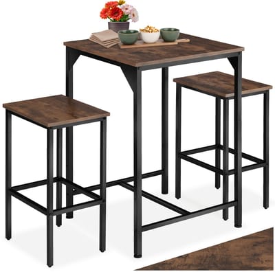 tectake® Bartafelset 3-delig - Bartafel met 2 barkrukken - Bistro bartafel met kruk - Industrieel Design - Zwart metalen frame - Draagkracht tafel 75 kg kruk 120 kg - Afmeting (LxBxH) tafel 60 x 60 x 91 cm kruk 40 x 30 x 66 cm - Donkerbruin
