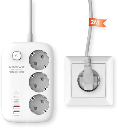 Stekkerdoos met USB, USB-C & Schakelaar - 3250W - 2 Meter - 65W - 3 Stopcontacten - Verdeelstekker - Snellader - Geschikt voor MacBook, Laptop, Smartphone, Tablet etc.,