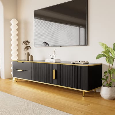 STILVORA TV-meubel - Gesneden Structuur Met Gouden Handgrepen - Laden En Opbergruimte - Spaanplaat - 175x40x45 cm - Zwart Met Bodemvrijheid 10 cm