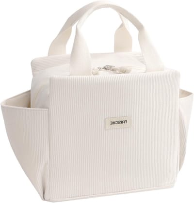 Vrouwelijke Geïsoleerde Lunchtas van 12L, Thermische Tas met Zijvakken voor School, Kantoor en Picknick, Beige Corduroy Met Aluminium Voering
