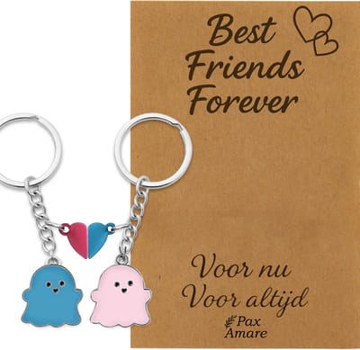 BFF Sleutelhanger voor 2 'Best Friends Forever' - Spookjes + Magnetisch Hartje - Sleutelhangers op Cadeau Kaartje - Zilverkleurig - Vriendschap Symbool - Pax Amare