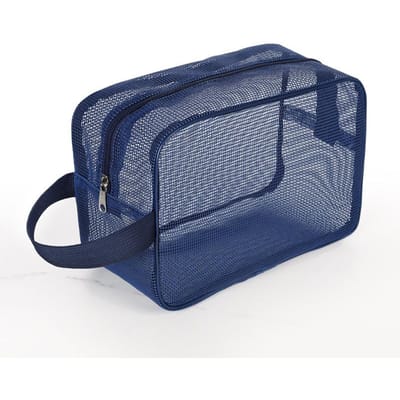 Nouveau Sac de Bain Portable en Maille, Pochette de Toilette de Douche, Rangement de Maquillage de Voyage, Grandes Poches, Sac de Transport pour Salle de Bain bleu