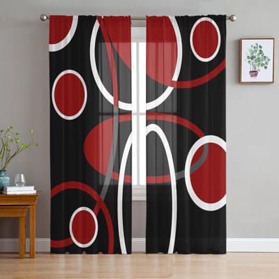 Rode En Zwarte Geometrische Abstracte Lijnen Transparante Voile Raamgordijnen Tule Gordijnen Woonkamer Balkon Decoratie Draperieën 135W x 114H(cm) white
