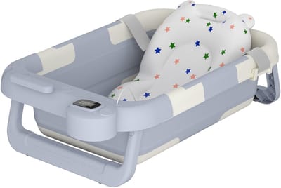 Babybadje Babybadje Badkuip Opvouwbaar Ergonomisch badje Kinderbadje Met badmat Cijferdisplay + badmat Voor pasgeborenen, lichtblauw + wit