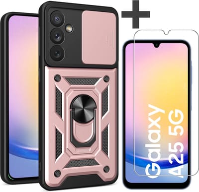 Hoesje met Screenprotector Geschikt voor Samsung Galaxy A25 Met draaibare Ringhouder en camera bescherming - Arara backcover - Rosegoud