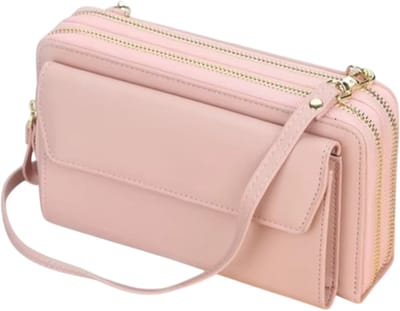 Dames Lange Portemonnee Crossbody Tas - Grote Capaciteit Clutch met Dubbele Rits, Schoudertas voor Mobiele Telefoon en Kaarten - Licht Roze