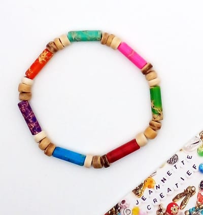 Jeannette-Creatief® - Beach - Mixed Colors Jaspis - Armband met Natuursteen - Jaspis - Armband met Kokos - Dames Armband - Armband met Elastiek - Kokosarmband - Kokos armband