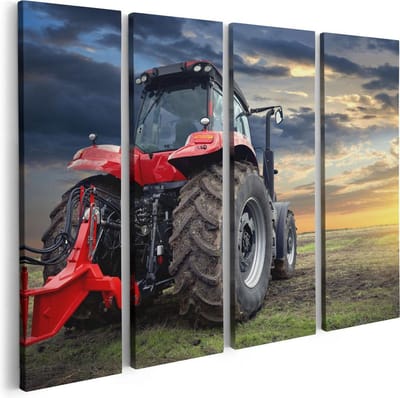 Artaza Canvas Schilderij Vierluik Rode Tractor bij Zonsondergang - Trekker - 80x60 - Foto Op Canvas - Canvas Print