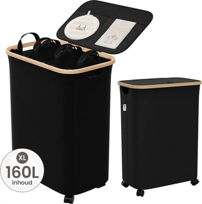 Wasmand 3 Vakken - Wassorteerder met Deksel - Wasbox op Wielen - 160L