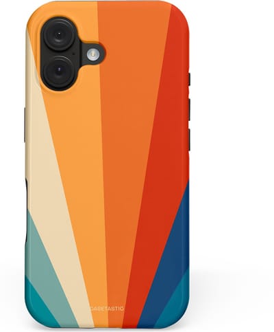 Casetastic hoesje geschikt voor Apple iPhone 16 - MagSafe - Dubbellaagse bescherming - Retro straal - Fashion Case - Oranje Okergeel Petrol Rood