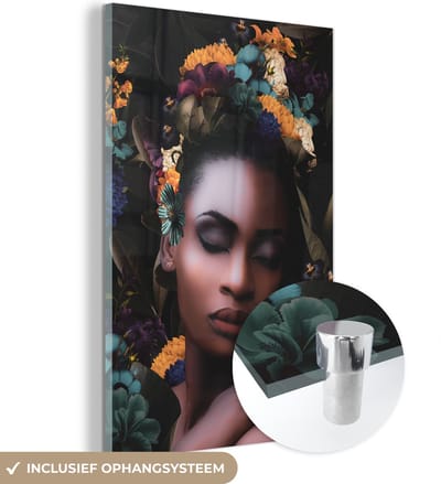 MuchoWow® Glasschilderij 40x60 cm - Schilderij acrylglas - Vrouwen - Bloemen - Kleur - Foto op glas - Schilderijen
