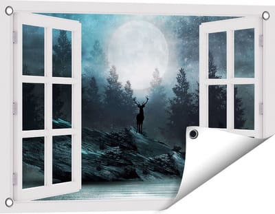 Gards Tuinposter Doorkijk Hert op een Rots tijdens Volle Maan - 60x40 cm - Tuindoek - Tuindecoratie - Wanddecoratie buiten - Tuinschilderij