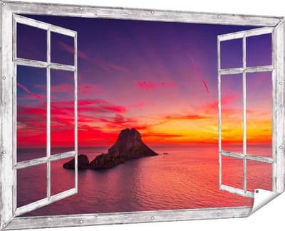 Gards Tuinposter Doorkijk Ibiza Rotsen Eiland bij Zonsondergang - 180x120 cm - Tuindoek - Tuindecoratie - Wanddecoratie buiten - Tuinschilderij