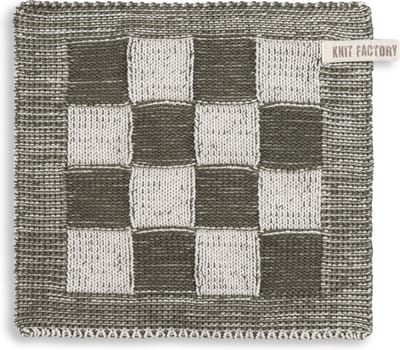 Knit Factory Gebreide Pannenlap Block - Pannenlappen gemaakt van 50% katoen & 50% acryl - Blokken motief - Traditionele look - 1 stuk - Ecru/Khaki - Donkergroen - 23x23 cm