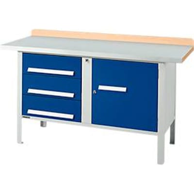 Box-type werkbank Schäfer Shop Select PWi 150-4, beuken multiplex blad, met stalen afdekking, tot 750 kg, B 1500 x D 700 x H 840 mm, gentiaanblauw