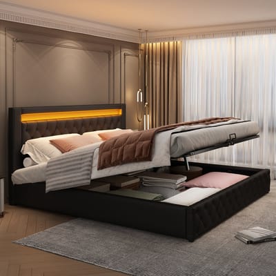 STILVORA Gestoffeerd Bed 140x200 cm – Tweepersoonsbed Met Hoog Hoofdeinde & LED – Met Opbergruimte Onder Lattenbodem – PU Bekleding – Zwart – Zonder Matras