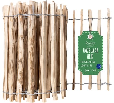 Creative Home houten schutting 60cm hoog en 5m lang | hazelnoot schutting | rolschutting | lamelafstand 3-5 cm | schutting tuin Ideaal als gazonrand bloemperk rand gemaakt van hazelnoot