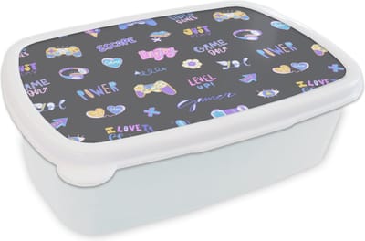 Broodtrommel Wit - Lunchbox - Brooddoos - Meisjes - Gaming - Console - Patronen - Girl - Kids - Kinderen - Kindje - 18x12x6 cm - Volwassenen