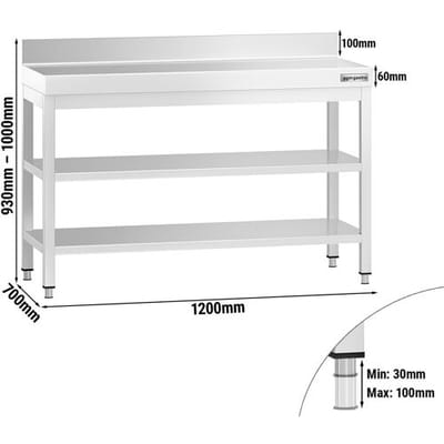 GGM Gastro Edelstahl Arbeitstisch PREMIUM - 1200x700mm - mit Grundboden, Aufkantung & Zwischenboden Zilver