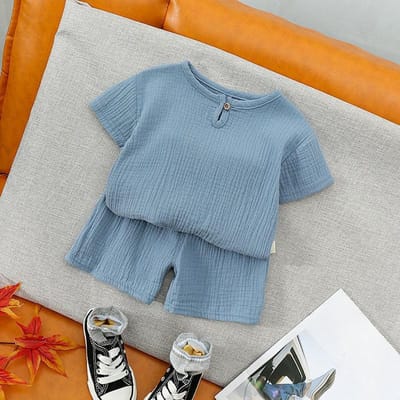 Costume d'été respirant pour bébé garçon et fille, short à manches courtes, doux et doux pour la peau, deux pièces, vêtements amples décontractés pour enfants 120 bleu