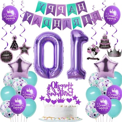 Feestelijke Versiering voor 10e Verjaardag Meisje: Paarse Ballonnen, Banner, Hangdecoraties en Taarttopper