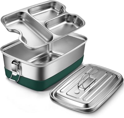 Famanu – Broodtrommel van roestvrij staal met 3 vakken - 2000 ml - metalen lunchbox - met beweegbare scheidingswand - broodtrommel van metaal - lekvrij - voor volwassenen - 22 x 9 x 15.5 cm