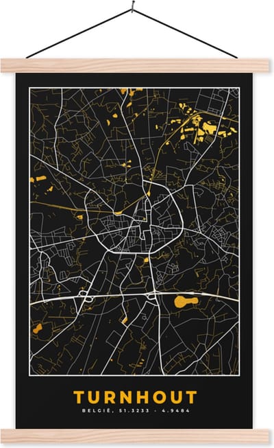 Posterhanger incl. Poster 40x60 cm - Schoolplaat - Stadskaart - Turnhout - Plattegrond - Goud - Kaart - Textielposter - Blanke latten - Stadskaart