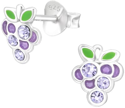 Joy|S - Zilveren druif oorbellen - druiventros - 6 x 8 mm - paars met lila kristal - kinderoorbellen