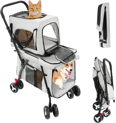 Dubbele Huisdierwagen - Reisbuggy Huisdieren - Comfortabel Vervoer - Opvouwbaar Met 2 Etages - 63 x 51 x 105 cm