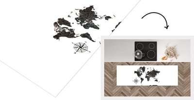 Keukenloper - Loper keuken - Wereldkaart - Windroos - Zwart - 150x50 cm - Keukenloper vinyl