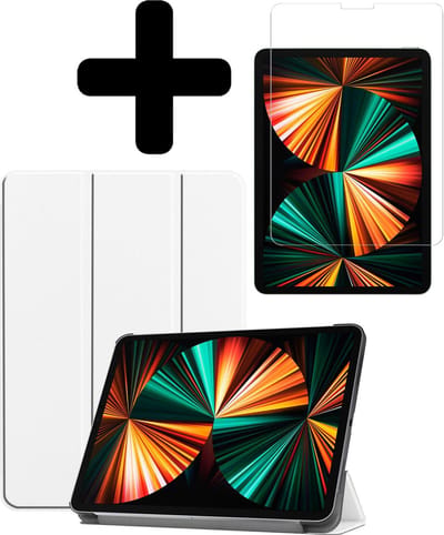 Hoes - Geschikt voor Apple iPad Pro (2021) - 11 inch - 3e generatie - Met Screenprotector - Trifold Bookcase - Hard Cover - Hardcover Book Case - Tablet Hoesje - Wit