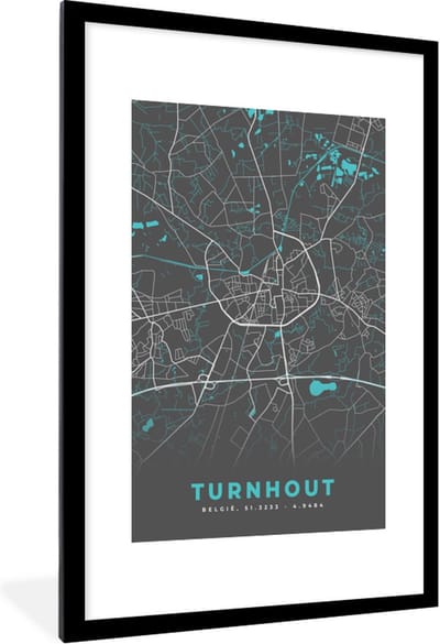 Fotolijst incl. Poster - België – Turnhout – Stadskaart – Kaart – Blauw – Plattegrond - 80x120 cm - Posterlijst