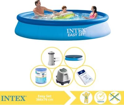 Intex Rond Opblaasbaar Easy Set Zwembad - 366 x 76 cm - Blauw - Inclusief Pomp - Afdekzeil - Filter - Zoutwatersysteem - Zwembadzout - 6-delig