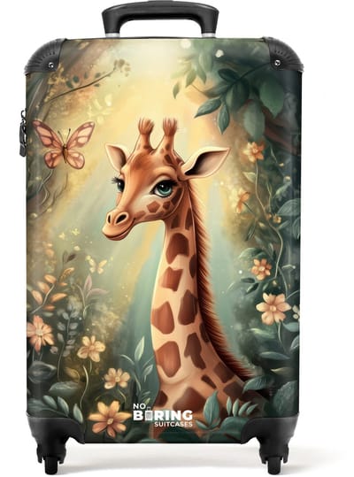 NoBoringSuitcases.com® - Kinderkoffer meisje - Kindertrolley meisjes - Jonge giraf tussen bloemen in zonnig woud - Handbagage koffer lichtgewicht - Reiskoffer trolley kinderen - Rolkoffer met wieltjes - Past binnen 55x40x20 en 55x35x25
