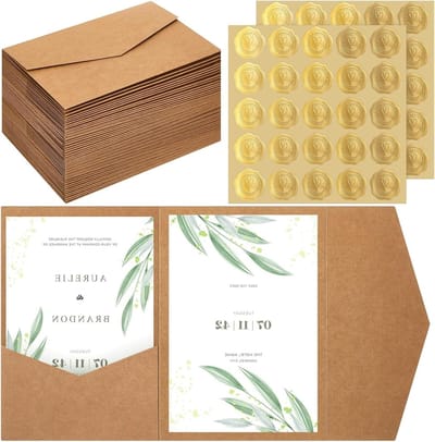 Paper Pocketfold Enveloppen met Zelfklevende Waszegels voor DIN A6 Uitnodigingen, Bruiloften en Verjaardagen (Kraft Papier, 50 Stuks)
