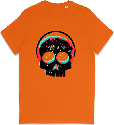 T Shirt Heren Dames - DJ Skull Grafische Print Opdruk - Oranje - Maat XS