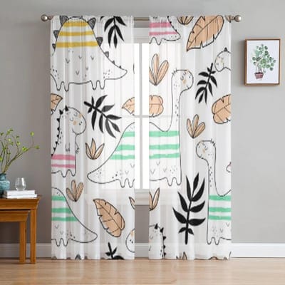 Cartoon Dinosauriërs Decor Elementen Tule Transparante Gordijnen voor Woonkamer de Kamer Slaapkamer Keuken Decoratie Voile Organza Gordijnen 135W x 114H(cm) white