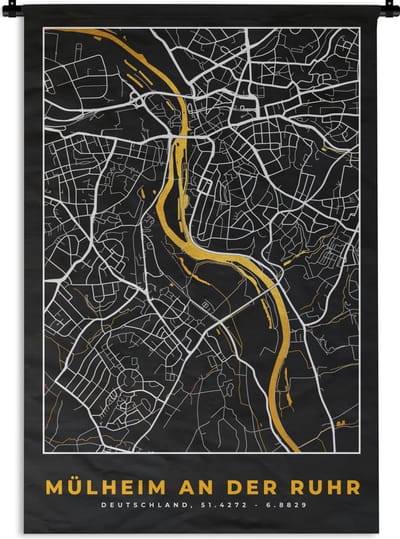 Wandkleed - Wanddoek - Mülheim an der Ruhr - Goud - Stadskaart - Plattegrond - Kaart - Duitsland - 120x180 cm - Wandtapijt