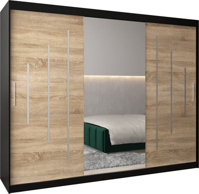 InspireMe - Kledingkast met 3 schuifdeuren, Modern-stijl, Een kledingkast met planken en een spiegel (BxHxD): 250x200x62 - MALTESE I 250 Zwart Mat + Sonoma Eik