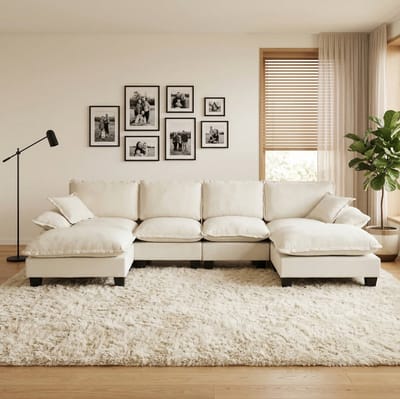 OKWISH Hoekbank 332 x 151 x 90 cm - Modulaire U Bank Met Verplaatsbare Ottomaan - Woonkamer - Chenille - Beige