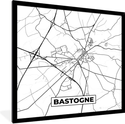 Fotolijst incl. Poster Zwart Wit- Zwart Wit – België – Plattegrond – Stadskaart – Kaart – Bastogne - 40x40 cm - Posterlijst