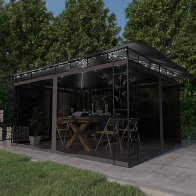 vidaXL - Prieel - met - klamboe - LED-lichtslinger - 4x3x2,73 - m - antracietkleurig