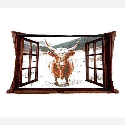Sierkussens - Kussentjes Woonkamer - 50x30 cm - Schotse Hooglander - Landschap - Landelijk - Bergen - Winter - Doorkijk - Donker