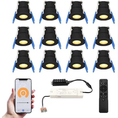 HOFTRONIC Set van 12 Milano Smart LED Mini Inbouwspots - Veranda spots - 12V 3W 200lm - Dimbaar - Wifi & Bluetooth - 2700K - IP65 waterdicht - Zwart