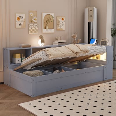 OKWISH Slaapbank 90x200 cm - Met Stopcontact en Ledverlichting - Hydraulische Opbergruimte - Zonder Matras - Hout - Grijs