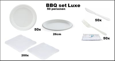 Luxe BBQ set 50 personen - 50x Bord 26cm suikerriet - 50x Mes Herbruikbaar wit - Vork Herbruikbaar wit - 200x Servetten wit - Festival Themafeest party tuin feest