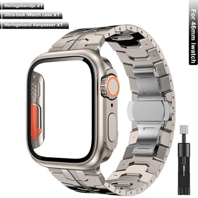 【Voordeelbundel】Stravo Ultra-look set voor Apple Watch 46mm (Series 11/10) – RVS metalen bandje + beschermhoes met glas + bandinkorter – Titaniumkleur