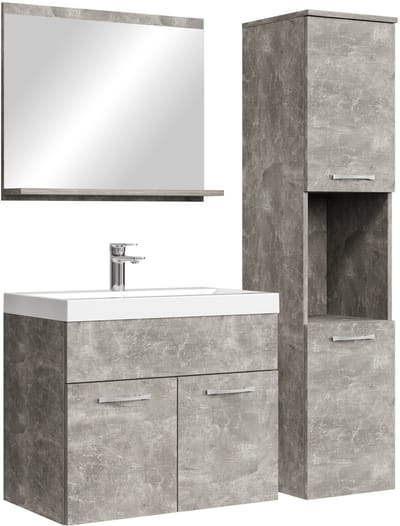 Badplaats Badkamermeubel Set Montreal 60 x 35 cm – Beton Grijs – Badmeubel met Spiegel en Zijkast